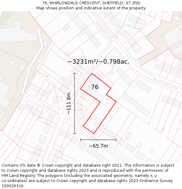 76, WHIRLOWDALE CRESCENT, SHEFFIELD, S7 2ND: Plot and title map