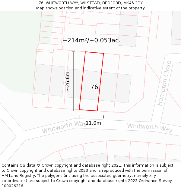 76, WHITWORTH WAY, WILSTEAD, BEDFORD, MK45 3DY: Plot and title map