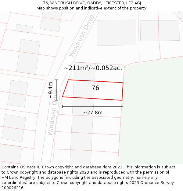 76, WINDRUSH DRIVE, OADBY, LEICESTER, LE2 4GJ: Plot and title map