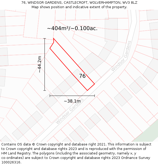76, WINDSOR GARDENS, CASTLECROFT, WOLVERHAMPTON, WV3 8LZ: Plot and title map