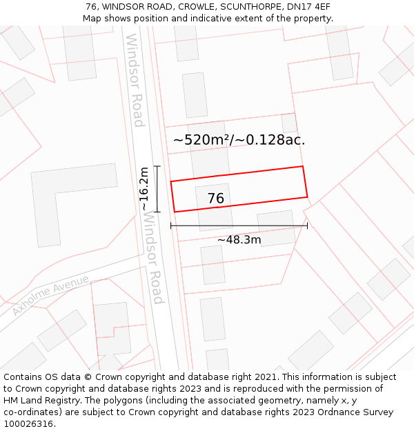 76, WINDSOR ROAD, CROWLE, SCUNTHORPE, DN17 4EF: Plot and title map