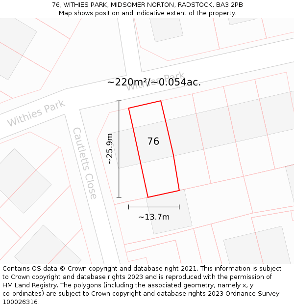 76, WITHIES PARK, MIDSOMER NORTON, RADSTOCK, BA3 2PB: Plot and title map