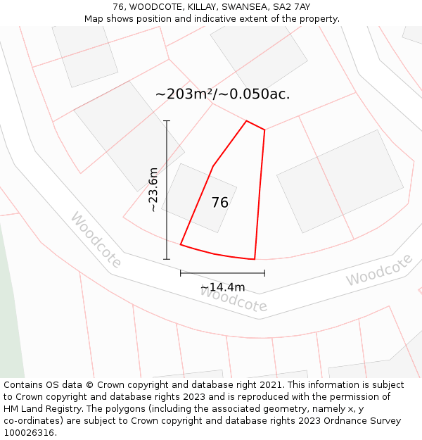 76, WOODCOTE, KILLAY, SWANSEA, SA2 7AY: Plot and title map