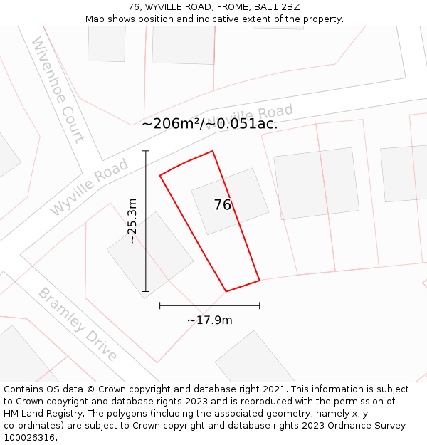 76, WYVILLE ROAD, FROME, BA11 2BZ: Plot and title map