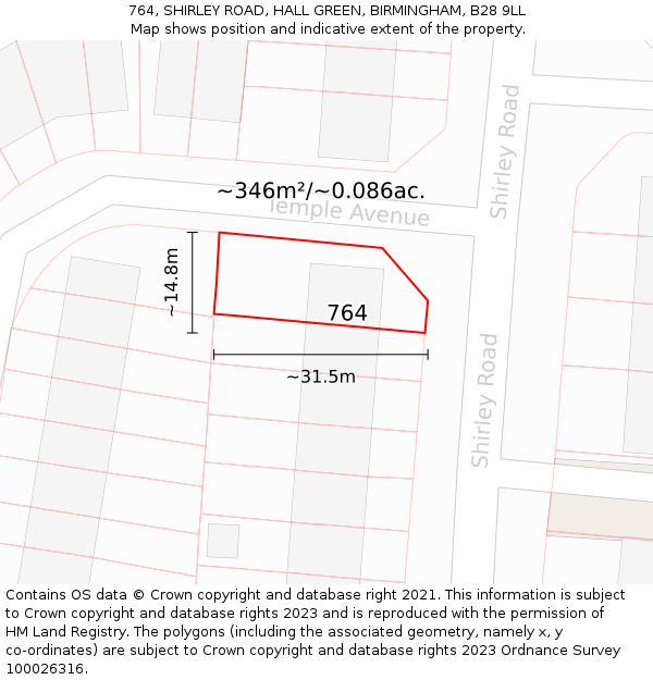 764, SHIRLEY ROAD, HALL GREEN, BIRMINGHAM, B28 9LL: Plot and title map