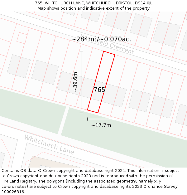 765, WHITCHURCH LANE, WHITCHURCH, BRISTOL, BS14 0JL: Plot and title map