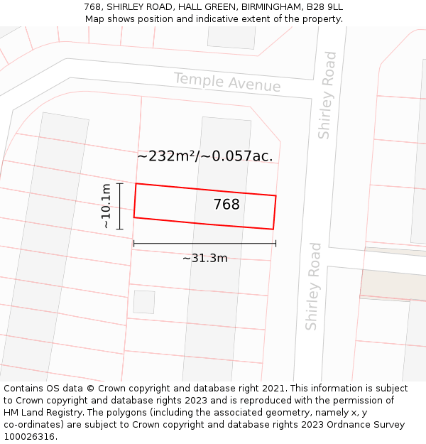 768, SHIRLEY ROAD, HALL GREEN, BIRMINGHAM, B28 9LL: Plot and title map