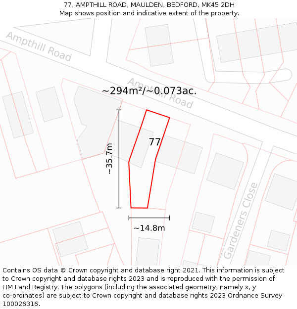 77, AMPTHILL ROAD, MAULDEN, BEDFORD, MK45 2DH: Plot and title map