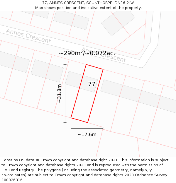 77, ANNES CRESCENT, SCUNTHORPE, DN16 2LW: Plot and title map