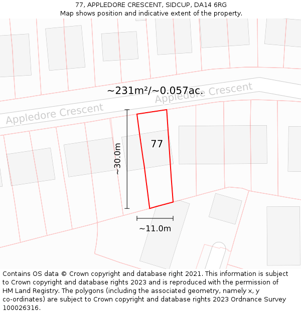 77, APPLEDORE CRESCENT, SIDCUP, DA14 6RG: Plot and title map