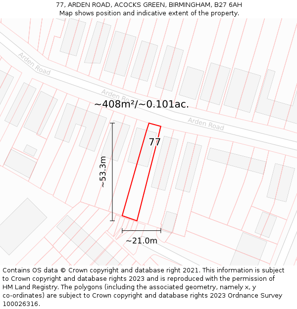 77, ARDEN ROAD, ACOCKS GREEN, BIRMINGHAM, B27 6AH: Plot and title map