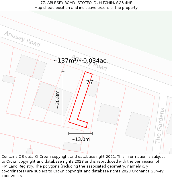 77, ARLESEY ROAD, STOTFOLD, HITCHIN, SG5 4HE: Plot and title map