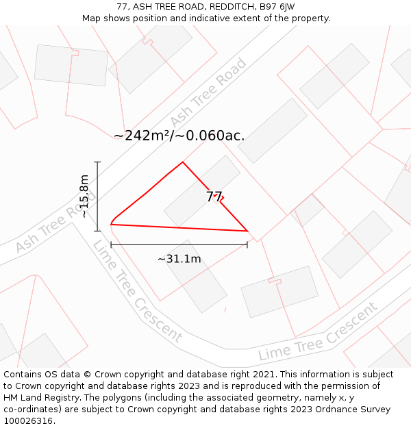 77, ASH TREE ROAD, REDDITCH, B97 6JW: Plot and title map