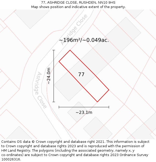 77, ASHRIDGE CLOSE, RUSHDEN, NN10 9HS: Plot and title map