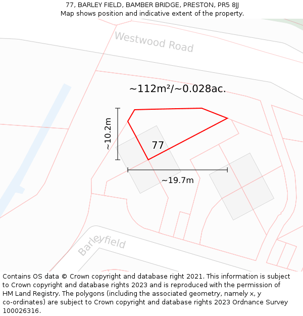 77, BARLEY FIELD, BAMBER BRIDGE, PRESTON, PR5 8JJ: Plot and title map