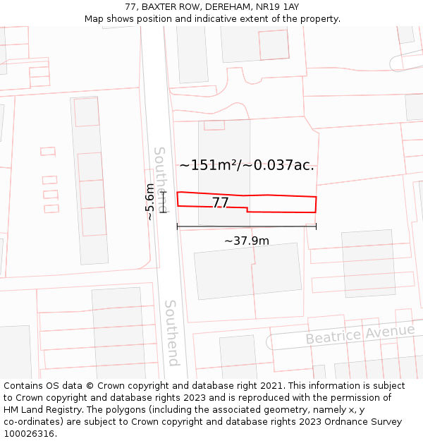 77, BAXTER ROW, DEREHAM, NR19 1AY: Plot and title map