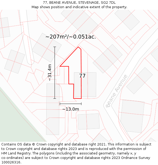 77, BEANE AVENUE, STEVENAGE, SG2 7DL: Plot and title map