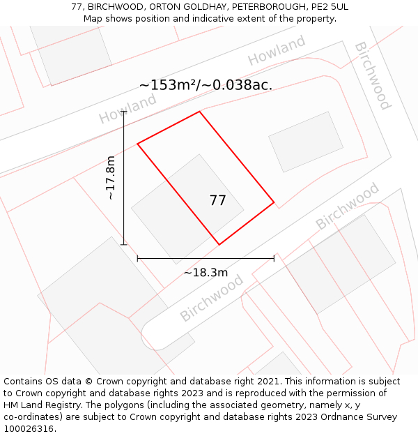 77, BIRCHWOOD, ORTON GOLDHAY, PETERBOROUGH, PE2 5UL: Plot and title map