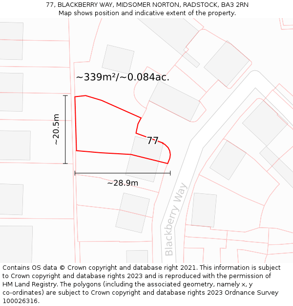77, BLACKBERRY WAY, MIDSOMER NORTON, RADSTOCK, BA3 2RN: Plot and title map