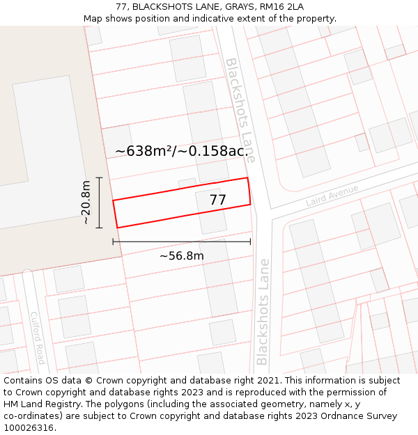 77, BLACKSHOTS LANE, GRAYS, RM16 2LA: Plot and title map