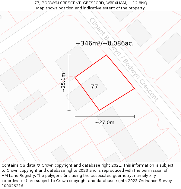 77, BODWYN CRESCENT, GRESFORD, WREXHAM, LL12 8NQ: Plot and title map