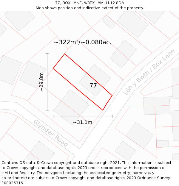 77, BOX LANE, WREXHAM, LL12 8DA: Plot and title map