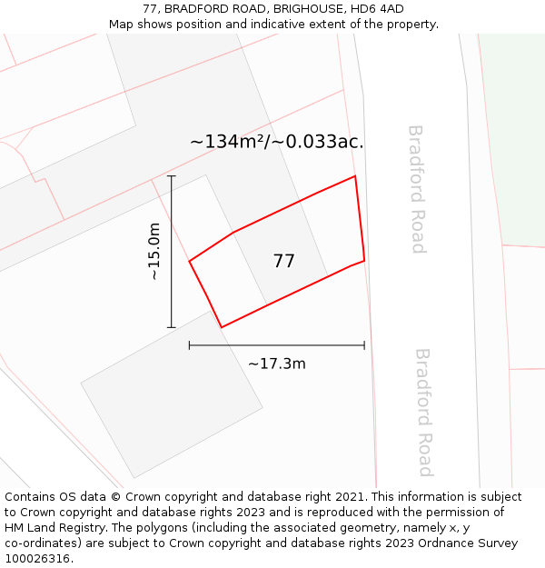 77, BRADFORD ROAD, BRIGHOUSE, HD6 4AD: Plot and title map