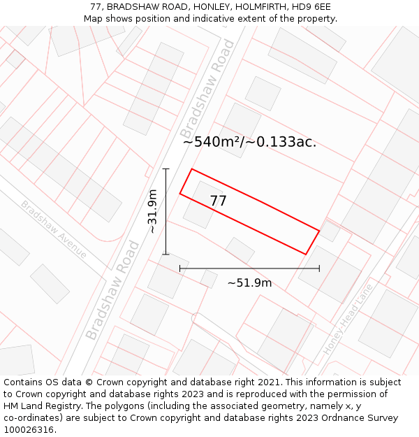 77, BRADSHAW ROAD, HONLEY, HOLMFIRTH, HD9 6EE: Plot and title map