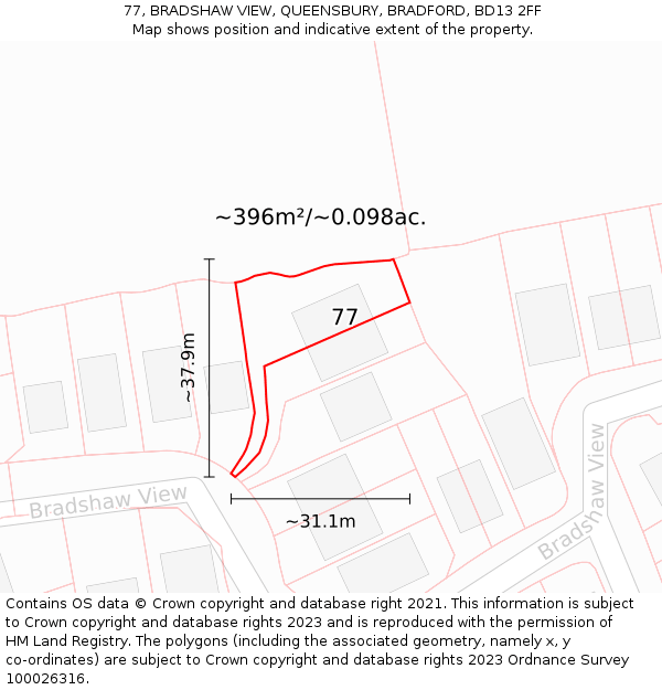 77, BRADSHAW VIEW, QUEENSBURY, BRADFORD, BD13 2FF: Plot and title map