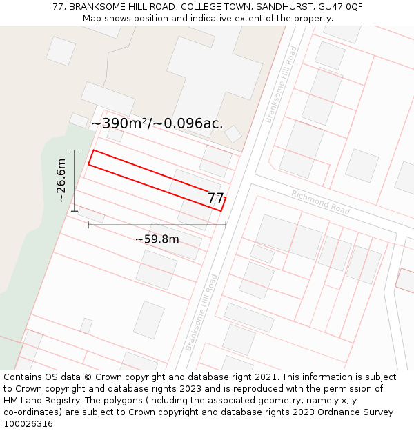 77, BRANKSOME HILL ROAD, COLLEGE TOWN, SANDHURST, GU47 0QF: Plot and title map