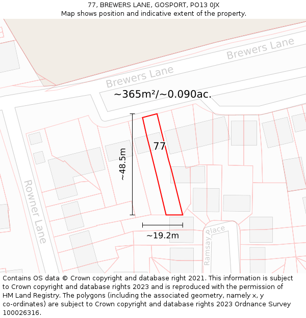 77, BREWERS LANE, GOSPORT, PO13 0JX: Plot and title map