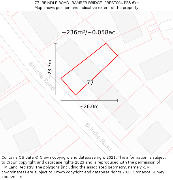 77, BRINDLE ROAD, BAMBER BRIDGE, PRESTON, PR5 6YH: Plot and title map