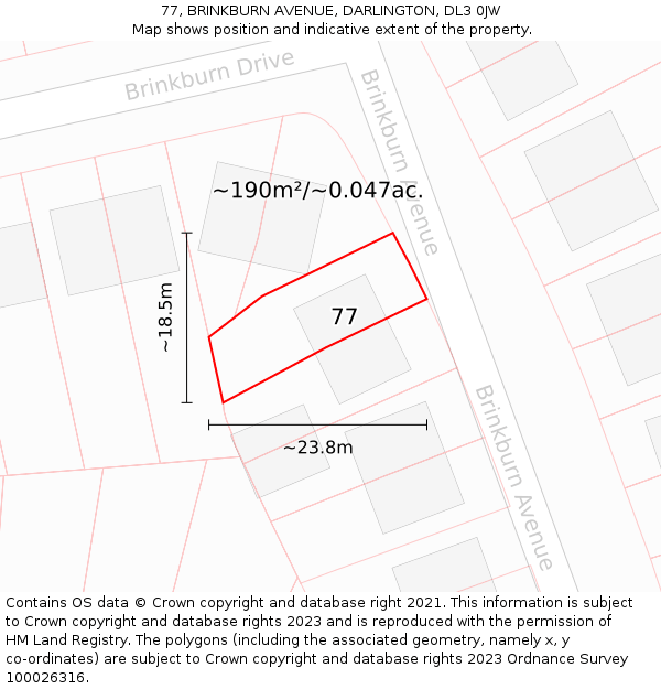 77, BRINKBURN AVENUE, DARLINGTON, DL3 0JW: Plot and title map
