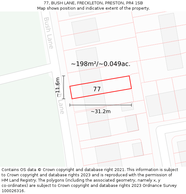 77, BUSH LANE, FRECKLETON, PRESTON, PR4 1SB: Plot and title map