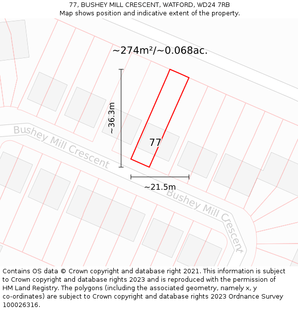 77, BUSHEY MILL CRESCENT, WATFORD, WD24 7RB: Plot and title map