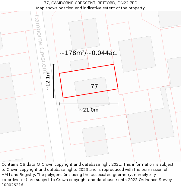77, CAMBORNE CRESCENT, RETFORD, DN22 7RD: Plot and title map