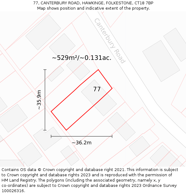 77, CANTERBURY ROAD, HAWKINGE, FOLKESTONE, CT18 7BP: Plot and title map