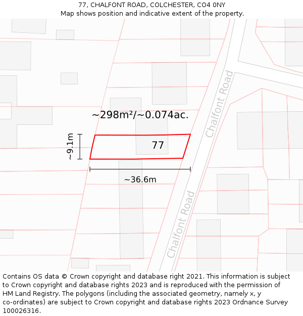 77, CHALFONT ROAD, COLCHESTER, CO4 0NY: Plot and title map