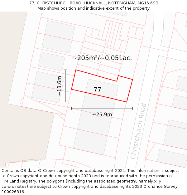 77, CHRISTCHURCH ROAD, HUCKNALL, NOTTINGHAM, NG15 6SB: Plot and title map