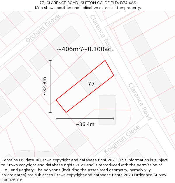 77, CLARENCE ROAD, SUTTON COLDFIELD, B74 4AS: Plot and title map