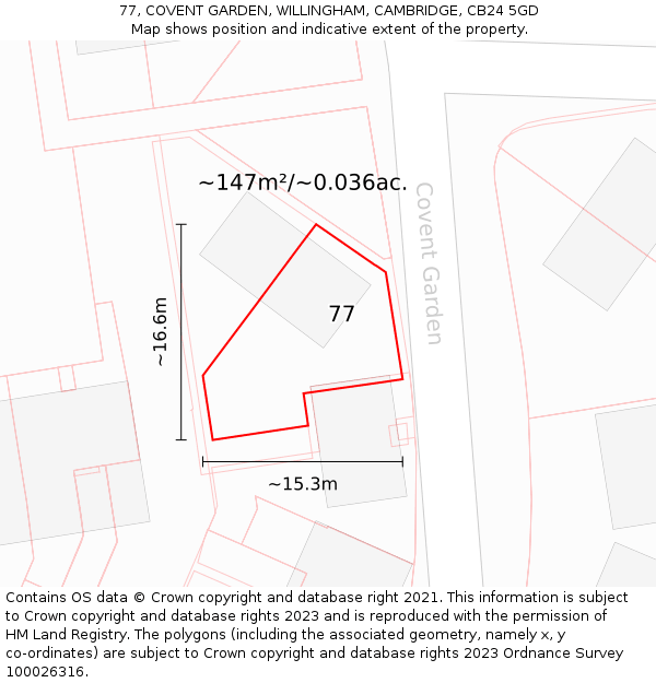 77, COVENT GARDEN, WILLINGHAM, CAMBRIDGE, CB24 5GD: Plot and title map