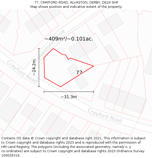 77, CRAYFORD ROAD, ALVASTON, DERBY, DE24 0HP: Plot and title map