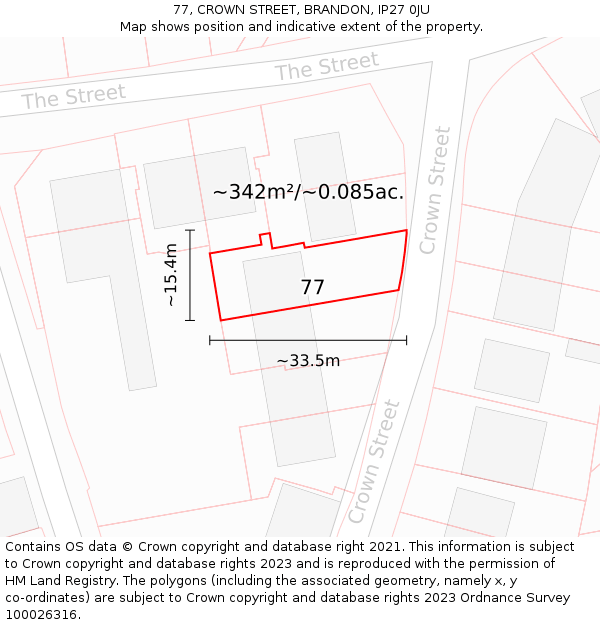 77, CROWN STREET, BRANDON, IP27 0JU: Plot and title map