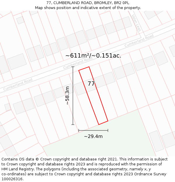 77, CUMBERLAND ROAD, BROMLEY, BR2 0PL: Plot and title map