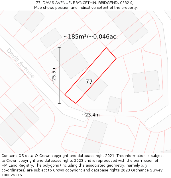 77, DAVIS AVENUE, BRYNCETHIN, BRIDGEND, CF32 9JL: Plot and title map