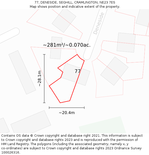 77, DENESIDE, SEGHILL, CRAMLINGTON, NE23 7ES: Plot and title map