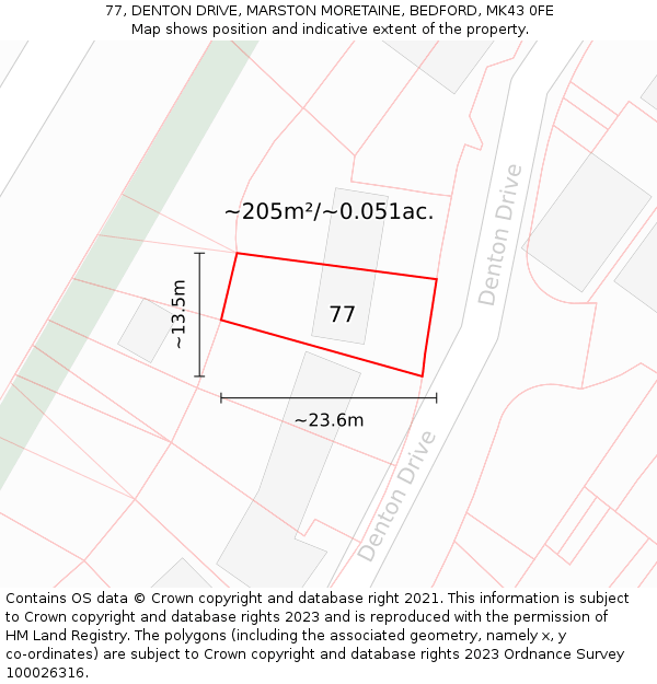 77, DENTON DRIVE, MARSTON MORETAINE, BEDFORD, MK43 0FE: Plot and title map