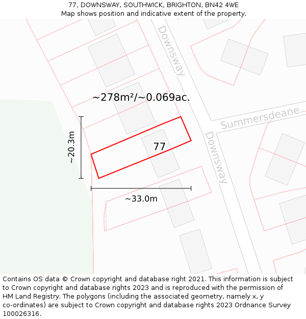 77, DOWNSWAY, SOUTHWICK, BRIGHTON, BN42 4WE: Plot and title map