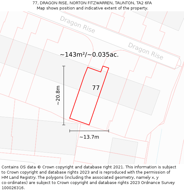 77, DRAGON RISE, NORTON FITZWARREN, TAUNTON, TA2 6FA: Plot and title map