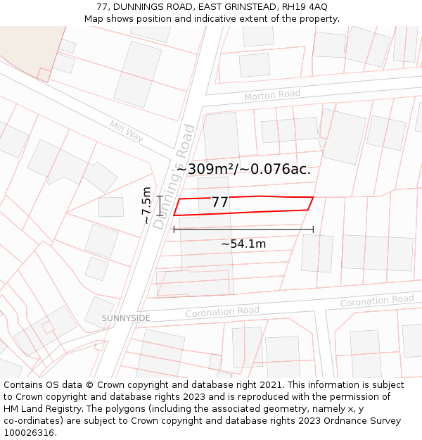77, DUNNINGS ROAD, EAST GRINSTEAD, RH19 4AQ: Plot and title map